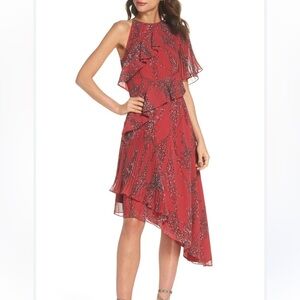 Keepsake The Label Red Floral Asymmetrical Pleat Ruffle Detail Midi Length S
